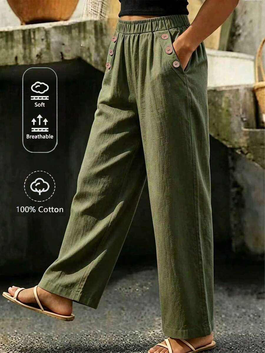 Linhara CURVE Plus Size Women's Solid Color Comfortable Cotton Elastic Waistband Pocket Casual Pants, Button Decor Fall - Army Green - View 1