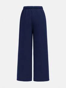 SHEIN Tween Girl Tween Girls Autumn And Winter Plus Velvet Thickened Simple Drawstring Loose Sports Straight Pants - Navy Blue - View 6