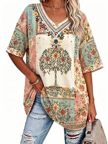 Breezaya Vintage Floral Heart-Shaped Print Short-Sleeved Pattern T-Shirt, Bohemian Style Women's T-Shirt - Multicolor - View 1