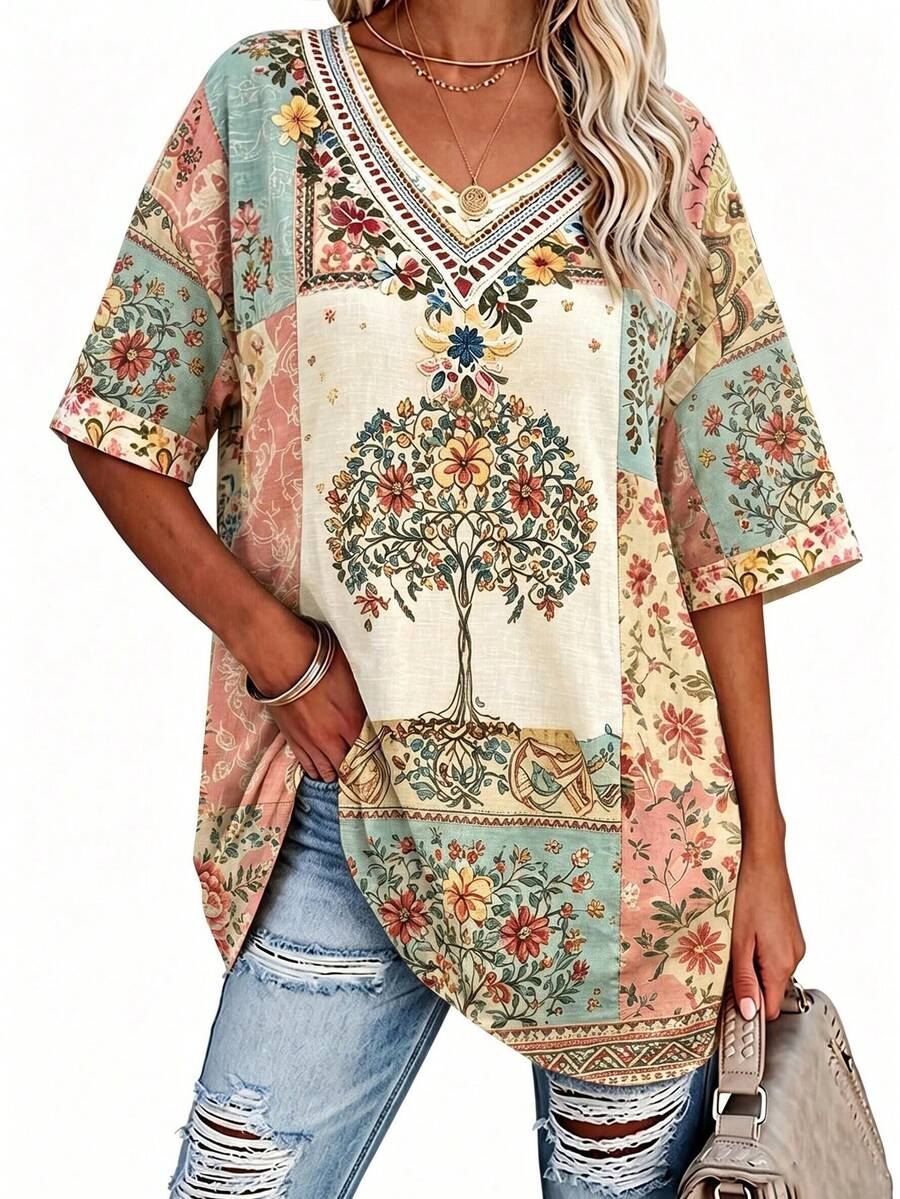 Breezaya Vintage Floral Heart-Shaped Print Short-Sleeved Pattern T-Shirt, Bohemian Style Women's T-Shirt - Multicolor - View 1