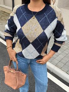 Easura Sweater Lengan Panjang Kerah Bulat Motif Argyle Vintage Ukuran Besar, Gaya Preppy - MultiWarna - View 6
