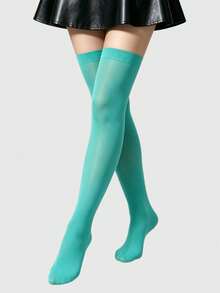 ROMWE Anime 1 Pasang Kaos Kaki Setinggi Lutut Berbahan Beludru Biru Kehijauan Gaya Goth Gelap untuk Halloween - pirus - View 1