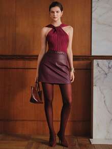 Anewsta Atasan Tank Top Camisole Wanita Model Crop Top dengan Tali Bahu Tipis Berpilin Warna Burgundy untuk Awal Musim Gugur - Burgundy - View 5
