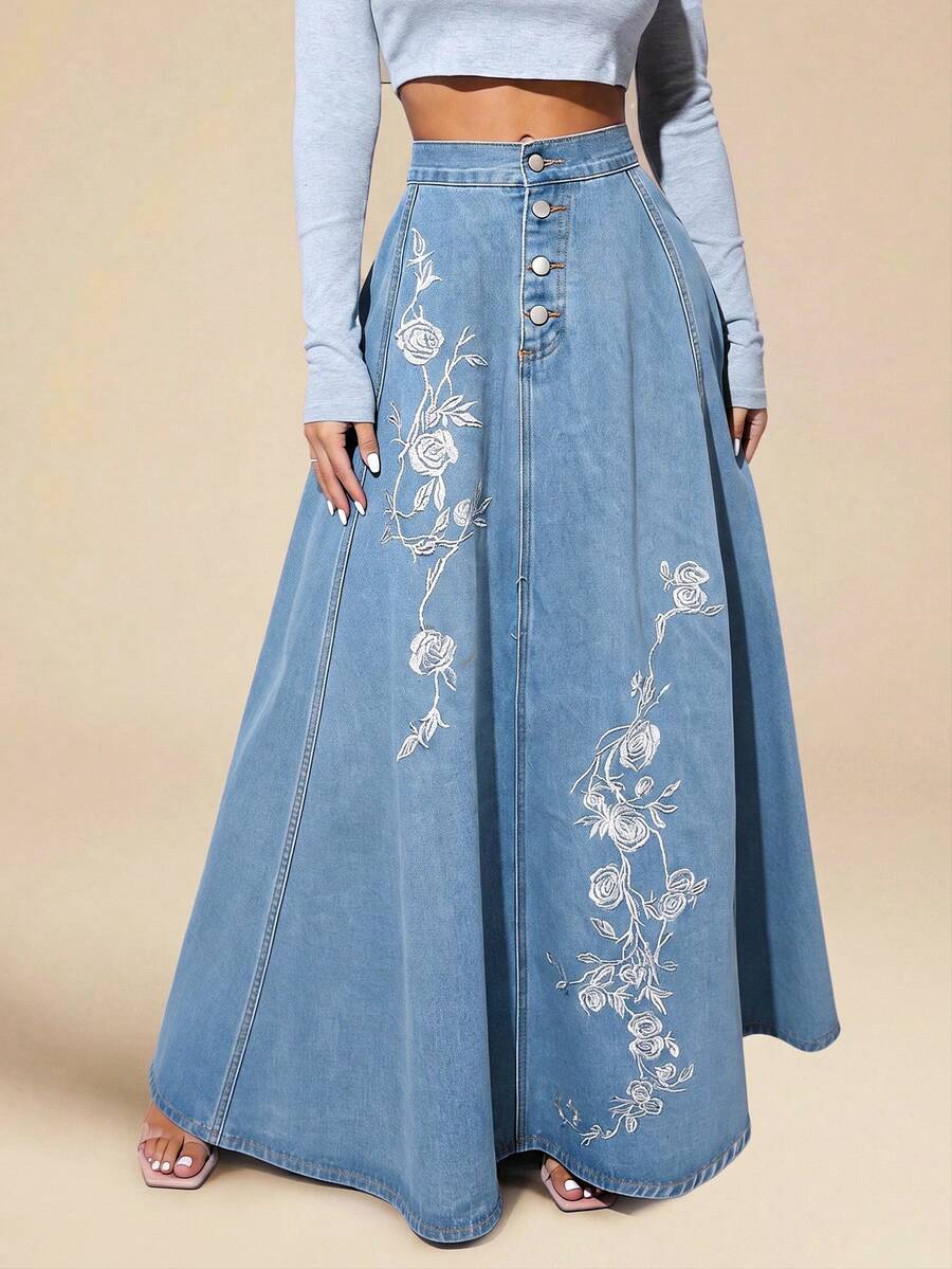 Selenza 女款花卉刺繡鈕扣設計休閒牛仔裙 度假風 藍色花卉 秋季 - 藍色 - 查看 1