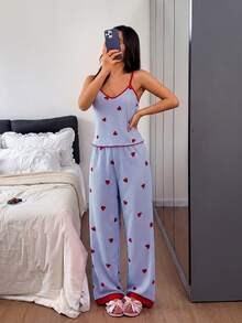 Napfluff V-Neck Striped Heart Print Camisole & Long Pants Pajama Set - Multicolor - View 6