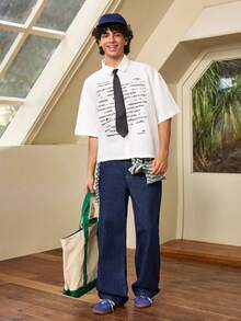 Whitmere Casual Fashion Men's Printed College Style Short Sleeve Shirt - White - View 3