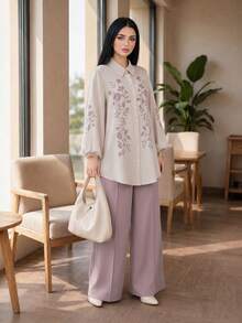 Auveirra Plus Size Women Floral Print Long Sleeve Top And Pants Casual Daily 2-Piece Set - Multicolor - View 3
