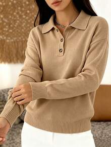 SHEIN Sweater Wanita Kasual Preppy Serbaguna Warna Polos, Nuansa Cokelat untuk Kantor Musim Gugur/Dingin - Unta - View 5