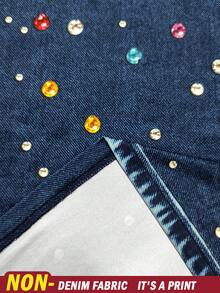 Rovax Plus Size Faux Denim Rhinestone Print T-Shirt And Shorts 2-Piece Set - Multicolor - View 3
