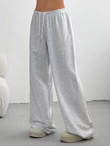 SHEIN Tall CURVE 大码纯色抽绳腰休闲宽松运动裤，适合毕业季、教师节、返校季等场合。 - 淺灰色 - 查看 4