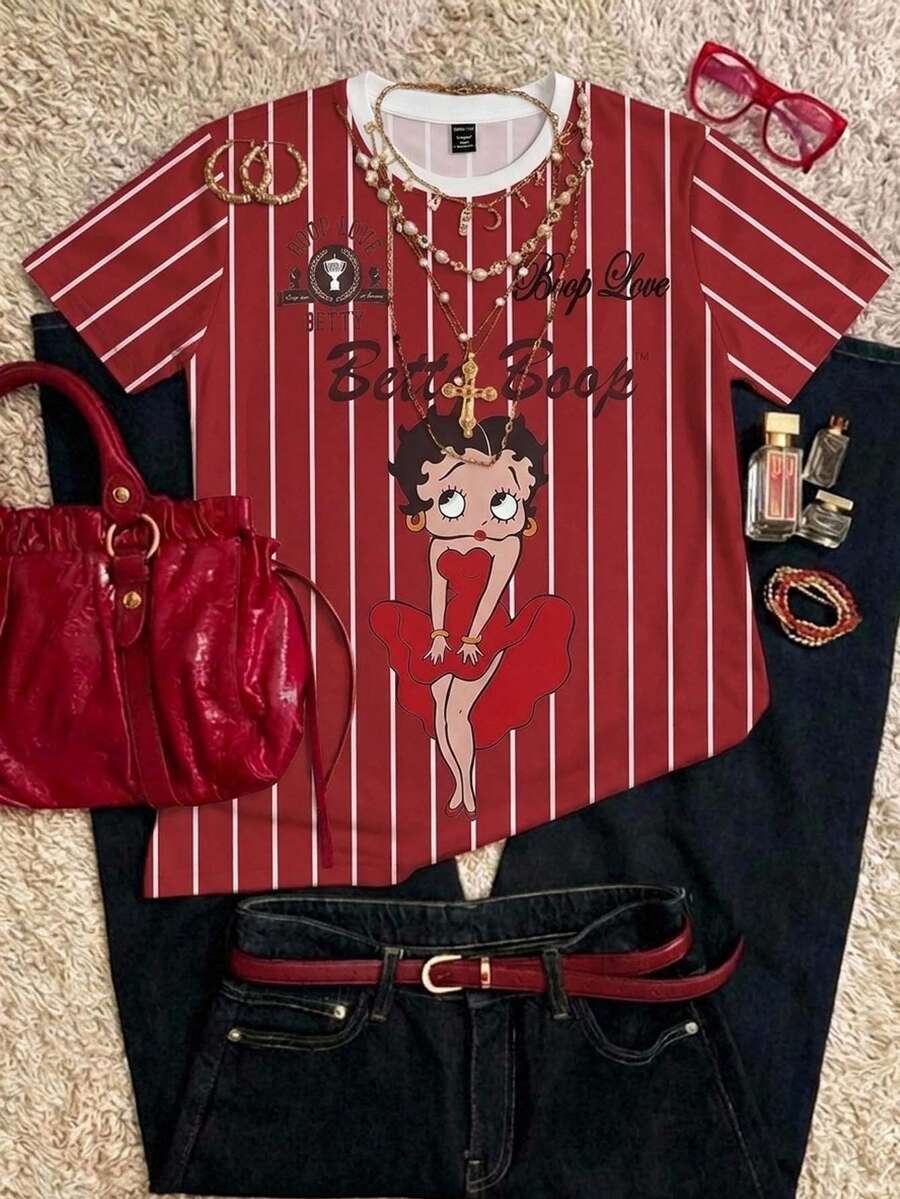 Betty Boop x SHEIN SHEIN EZwear 休閒圓領短袖寬鬆女款T恤 紅白條紋印花街頭風 日常外出夏季穿搭 - 彩色 - 查看 1