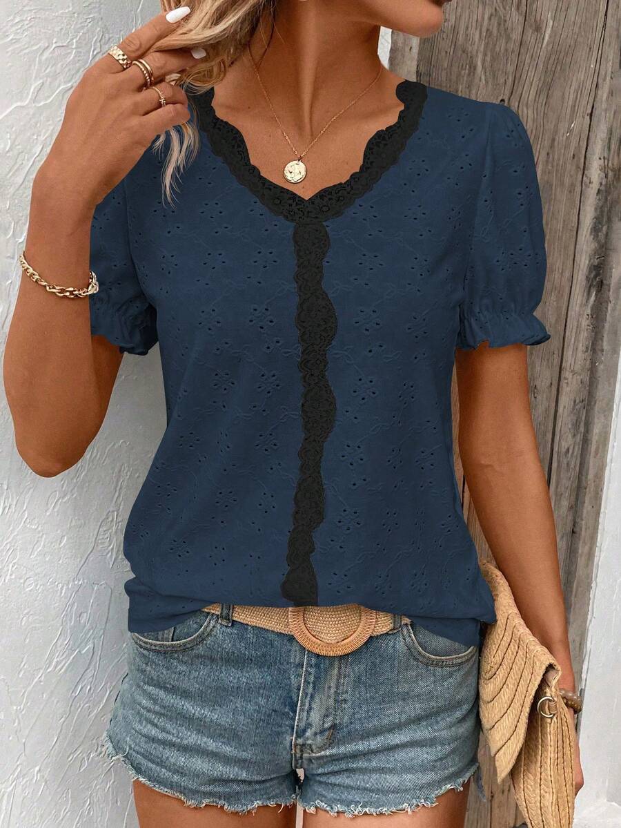 EMERY ROSE Women's Summer Casual Mesh Embroidered Lace Patchwork T-Shirt - Navy Blue - View 1