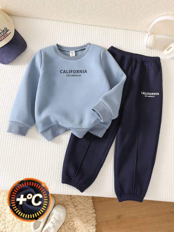 SHEIN Young Boy Casual College Style Daily Comfortable Knitted Sleeve Round Neck Long Sleeve Sweatshirt Set
