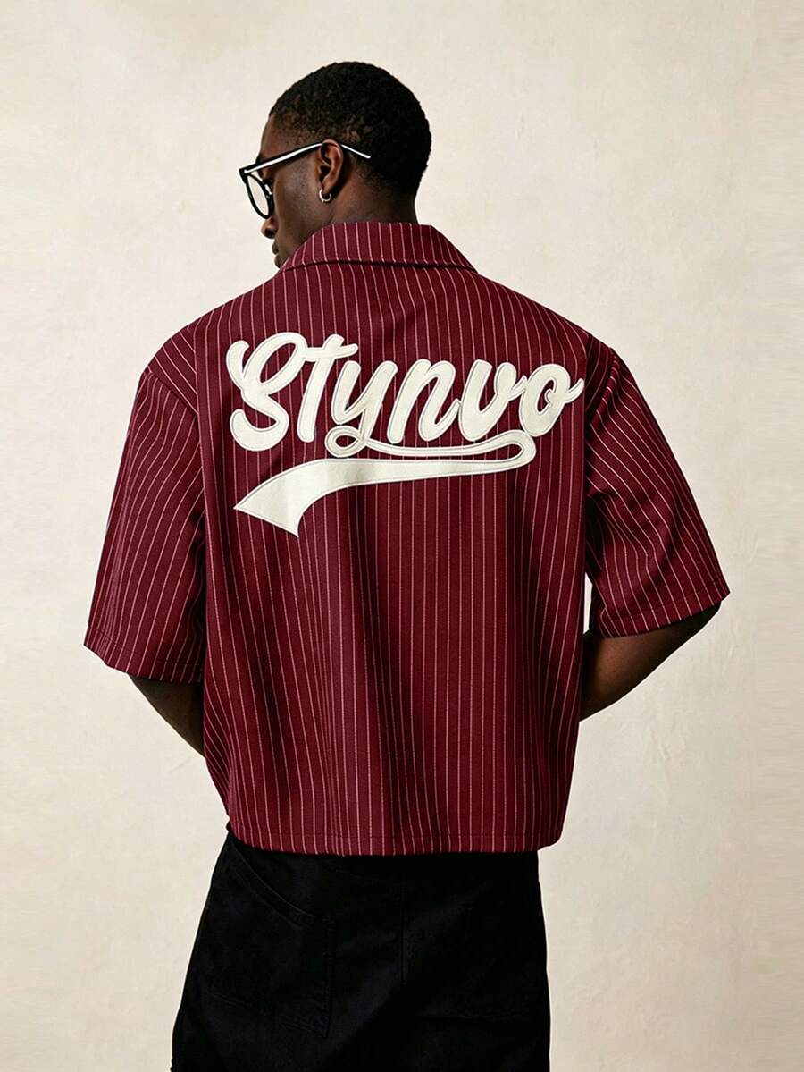 STYNVO 男士條紋字母圖案休閒日常穿著襯衫 - 紅色 - 查看 1