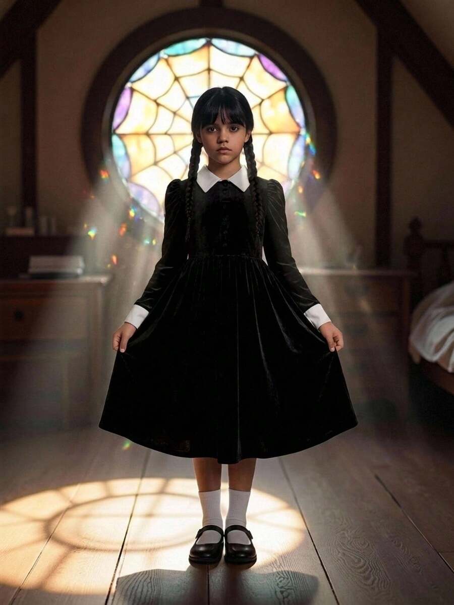 SHEIN Tween Girl Geometric Pattern Kids Ribbed Knit Long Sleeve Mid-Length Dress, Suitable For Autumn/Winter Wear Halloween Party Black And White Elegant - Black - View 1