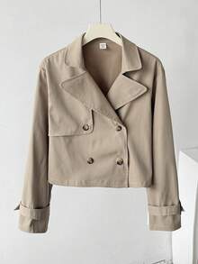 SHEIN Teen Girls Autumn/Winter Casual Classic Military Style Double-Breasted Lapel Trench Coat, Youth Fashion Outfit, Suitable For Back To School, Daily Wear, Khaki Back To School Jacket - Khaki - View 3