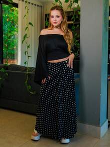 Bela Noronha Elegant Commuter Polka Dot Print High-Waisted Slimming A-Line Skirt Black - Black - View 1