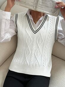 SHEIN PariChic 女款條紋V領休閒百搭針織背心 - 白色 - 查看 5