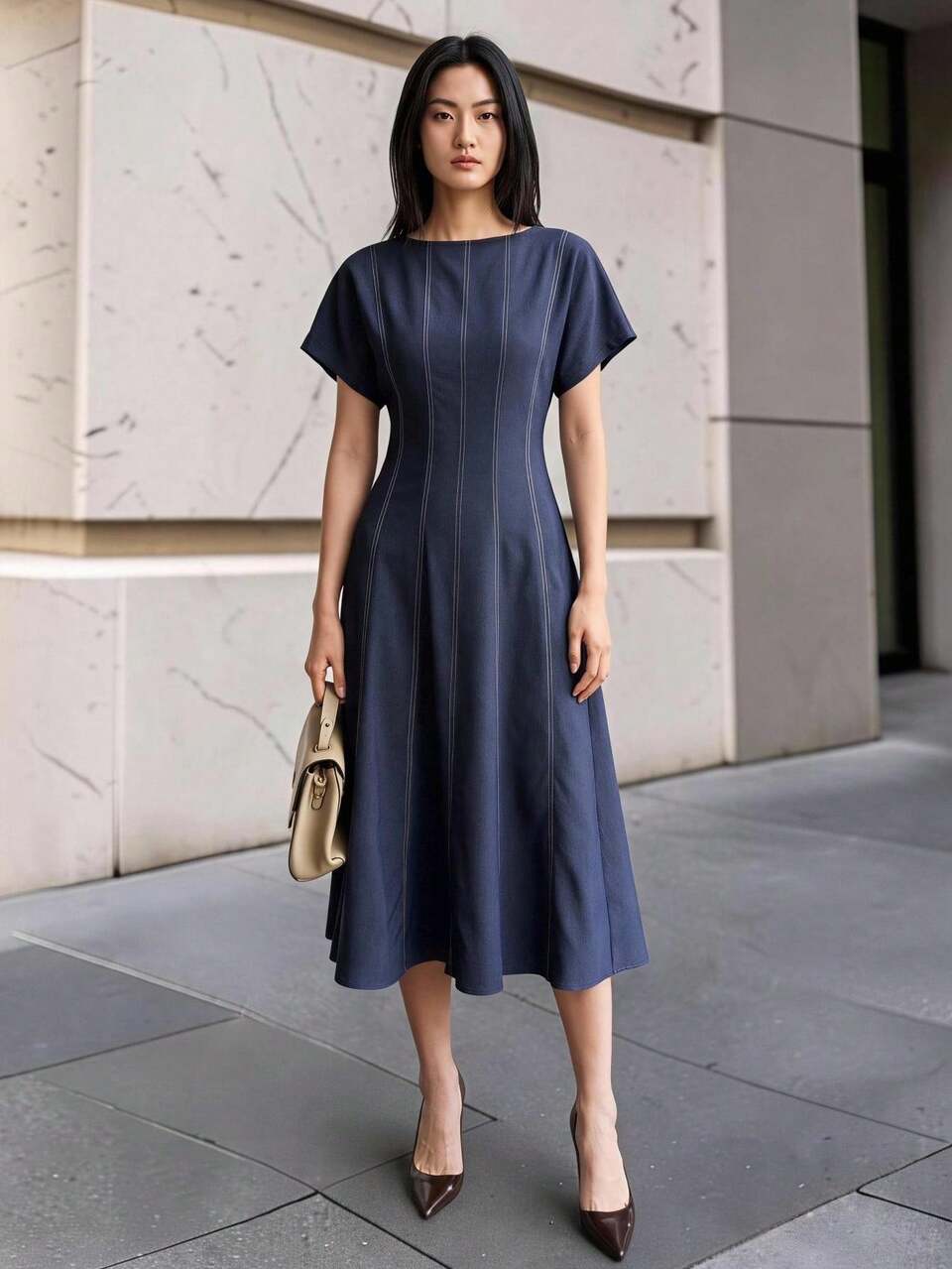 2026 New Summer Women's Mid-Length Dress, Waist-Cinching A-Line Loose Fit, Solid Navy Blue Batwing Sleeve, Woven Fabric, Round Neck, Elegant