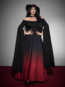 Whyspr Elegant Off Shoulder Gradient Lace Trim Patchwork Plus Size Dress, Dark Style Halloween Outfit, Elegant Gradient Color Dress Halloween Goth Fall - Black - View 6