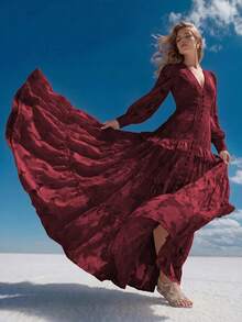 Anewsta V-Neck Puff Sleeve Cinched Waist Elegant Dress Maxi Women Outfit - Burgundy - View 1