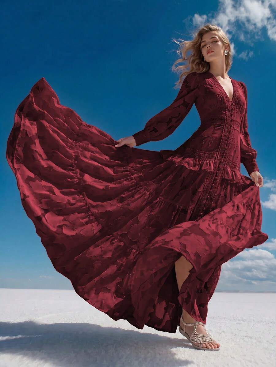 Anewsta V-Neck Puff Sleeve Cinched Waist Elegant Dress Maxi Women Outfit - Burgundy - View 1