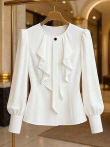 Velvienne Plus Size Women Elegant Long Sleeve Button-Up Blouse With Ruffle Hem Fall - White - View 8