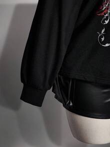 SHEIN ICON 大尺碼 Y2K 哥德風優雅復古龐克印花網布拼接鉚釘休閒衛衣，黑色，適合萬聖節、秋季、夜店派對 - 黑色 - 查看 7