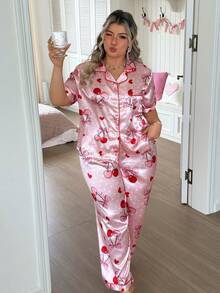Slumberry CURVE Plus Size Cute Cherry Print Single-Breasted Short Sleeve Top And Long Pants Pajama Set - Pink - View 3