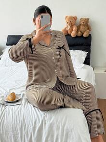 Napfluff CURVE Napfluff CURVE Sweet Striped Collared Plus Size Pajama Set, Bow Tie Cuffs And Hem Comfortable 2 Pieces Set - Multicolor - View 6