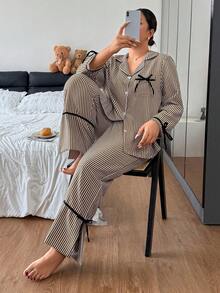 Napfluff CURVE Napfluff CURVE Sweet Striped Collared Plus Size Pajama Set, Bow Tie Cuffs And Hem Comfortable 2 Pieces Set - Multicolor - View 7