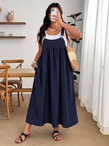 Enliva Plus Size Women's Solid Color Pleated Loose Fit Spaghetti Strap Dress - Navy Blue - View 4