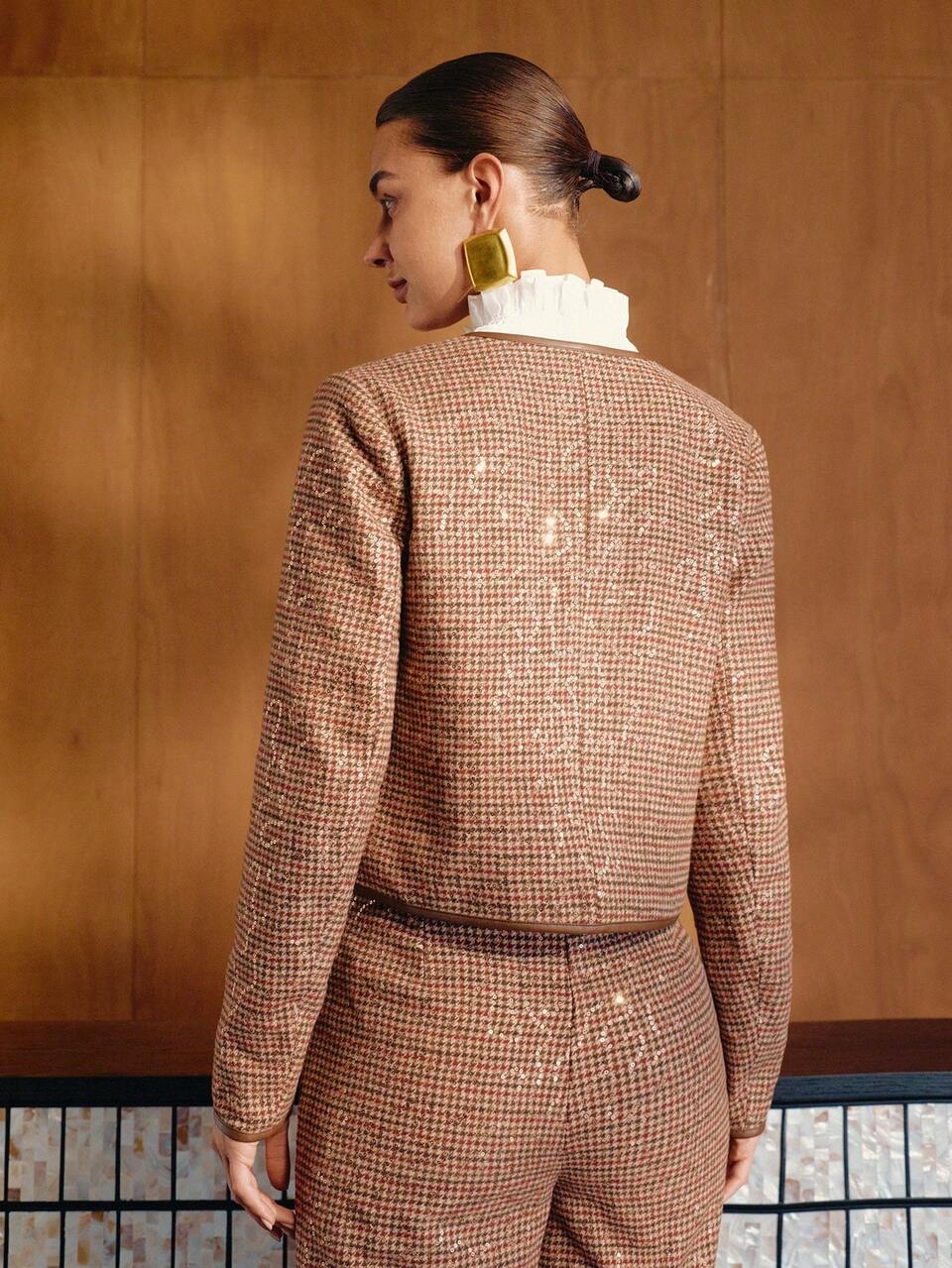 MOTF FASHIONABLE MINIMALIST VERSATILE HOUNDSTOOTH SEQUIN SHORT OVERCOAT WITH VINTAGE PATCHWORK FOR WOMEN