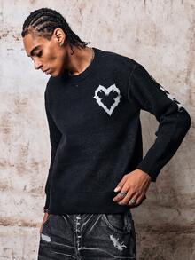 Skyrend Autumn/Winter New Personalized Angel Cartoon Pattern Jacquard Knit Casual Retro Versatile Long Sleeve Crew Neck Sweater - Black - View 5