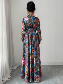 Elenzga Lapel Collar Waist Bow Tie Print Floral Long Sleeve Dress - Multicolor - View 2