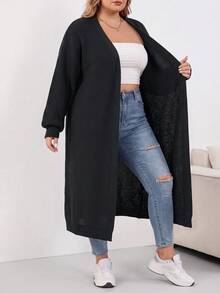 SHEIN CURVE+ Plus Size Dropped Shoulder Ribbed Knit Long Cardigan, Long Sleeve Top, Women's Plus Size Long Cardigan, Slim Fit, Autumn/Winter Essential - Black - View 6
