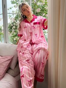 Slumberry CURVE Plus Size Comfortable Striped Bow Pattern Printed Short Sleeve Top And Long Pants Pajama Set - Hot Pink - View 1