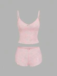 Sweetra Women's Spring/Summer Pink Lace Sexy Romantic Sweet Sexy Semi-Sheer 2 Pieces Pajama Set - Pink - View 1