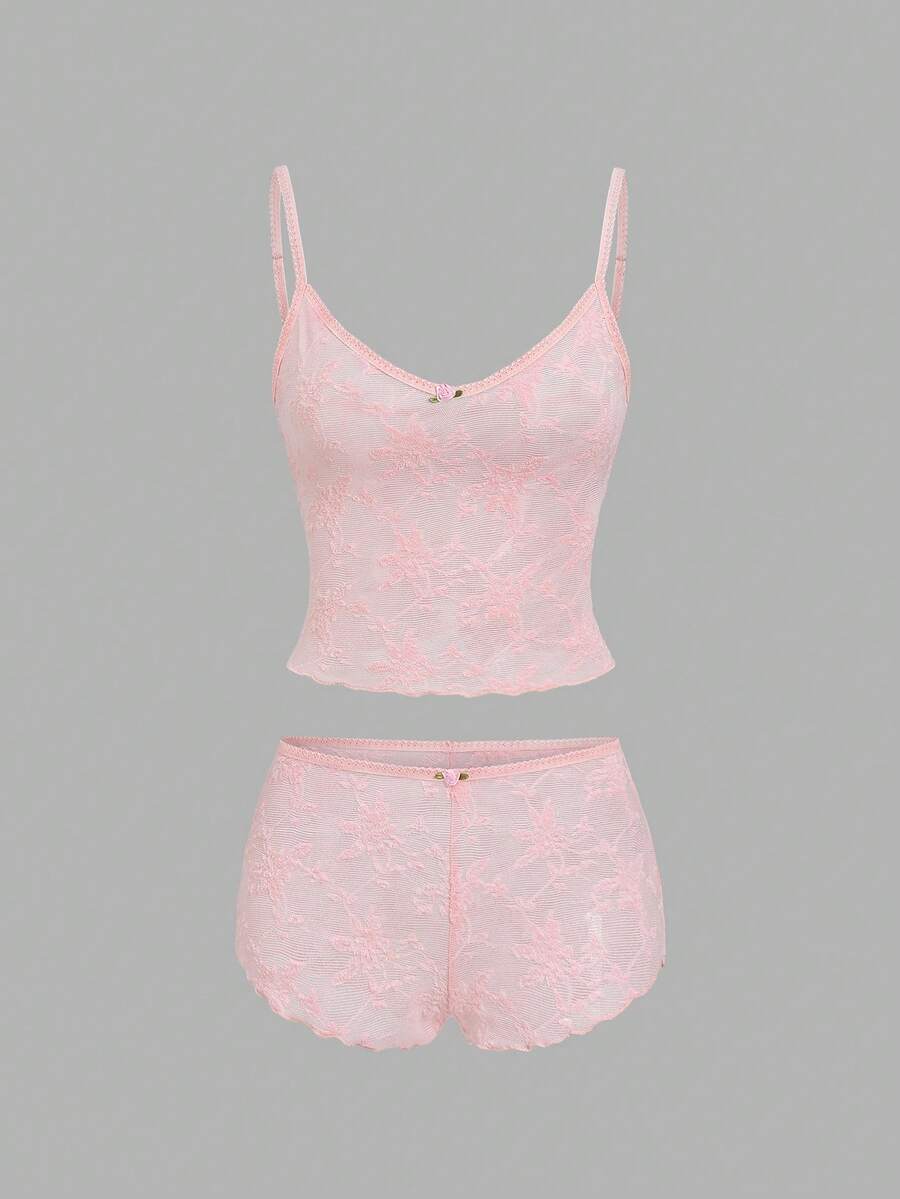 Sweetra Women's Spring/Summer Pink Lace Sexy Romantic Sweet Sexy Semi-Sheer 2 Pieces Pajama Set - Pink - View 1