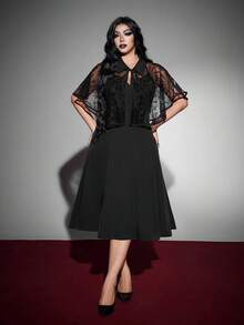 Whyspr Plus Size Women's Lapel + Tie Spider Web Pattern 2 Pieces Set, Halloween Party, Gothic / Punk, Subculture Daily Personalized Outfit Halloween Goth - Black - View 2