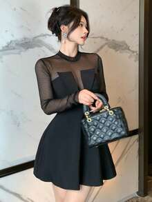 Dazy Tall Women's Round Neck Mesh Patchwork Waist-Cinched Elegant Short Dress Fall - Black - View 3
