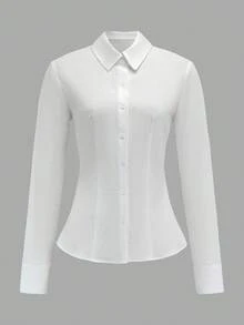 SHEIN EZwear 100%水洗棉白色紋理休閒收腰長袖鈕扣襯衫，適合女性，適用於秋冬 - 彩色 - 查看 6