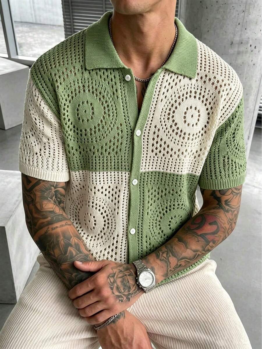 Manfinity LEGND Top de punto casual versátil de uso diario con bloques de color para hombre talla grande - Verde - Ver 1