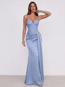 Aloruh Elegant Lace Patchwork Satin Bandeau Maxi Dress,See-Through Bust,Ruched Waist,Fishtail Hem,Formal Gala,Wedding,Birthday Party & Graduation Gown Fall - Blue - View 6