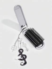 ROMWE Anime 1Set Y2K Star Musical Note Decor Mini Comb Mirror Set, Cute Folding Airbag Hair Brush, Back‑To‑School Portable DIY Hair Comb Kit - Grey black 1 - View 7
