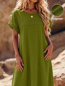 EMERY ROSE Plus Size Summer Casual Woven Fabric Knee Length Dress With Plain Pattern And Flared Hem Short Sleeves - Lime Green - View 6