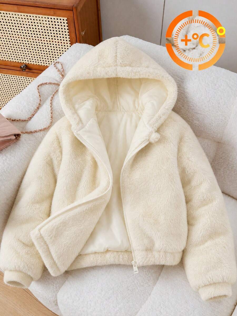 SHEIN 女童加厚保暖內裡短款填充外套,冬季米白色純色休閒可愛日系時尚連帽拉鍊外套,適合大童女孩校園社團穿著 - 杏色 - 查看 1