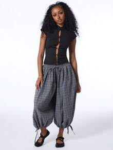 COUREZ Low Rise Extreme Balloon Cropped Pants In Check / Y2K Casual 70s Summer Clothes For Women Shorts Festival Outfits Everyday Holiday Grey Plaid Vacation - Grey - View 1