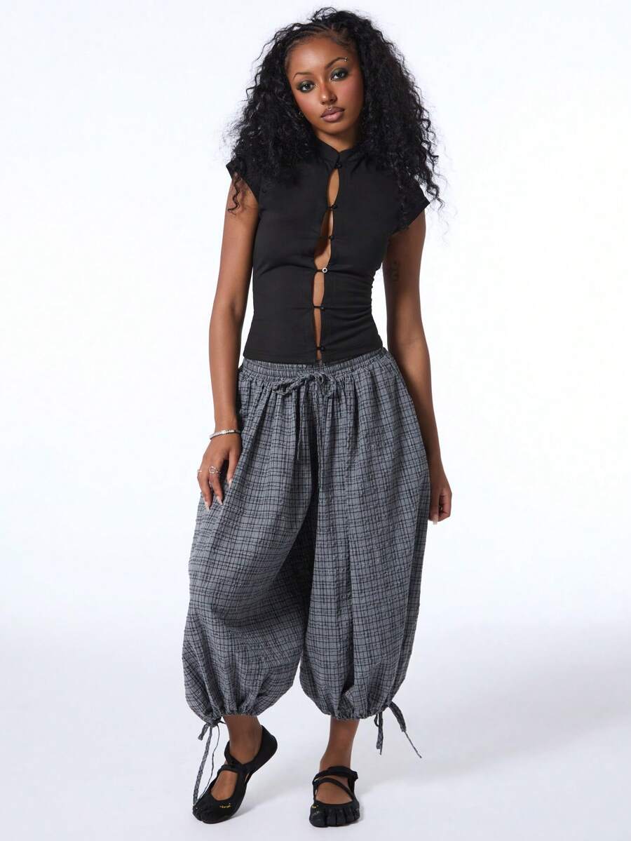 COUREZ Low Rise Extreme Balloon Cropped Pants In Check / Y2K Casual 70s Summer Clothes For Women Shorts Festival Outfits Everyday Holiday Grey Plaid Vacation - Grey - View 1
