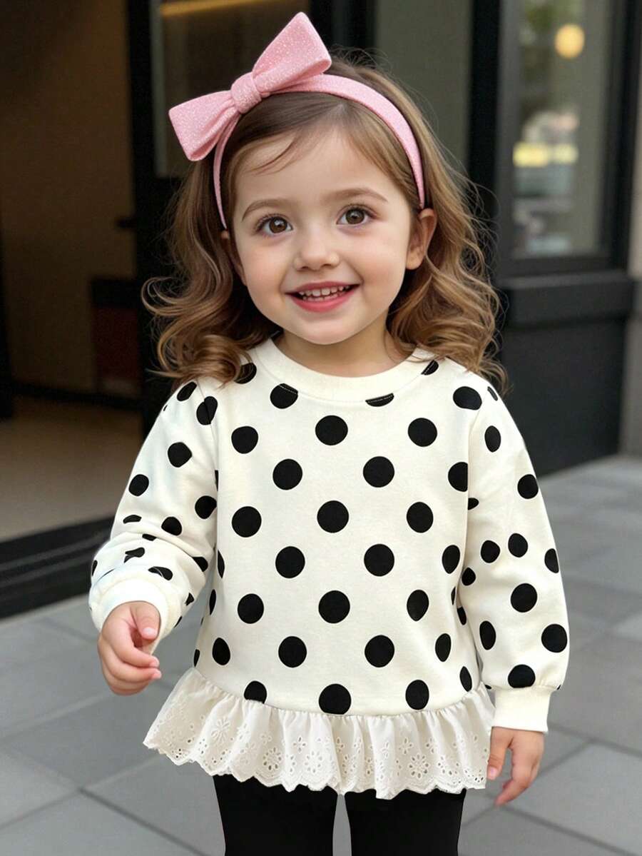 1pc Baby Girls Polka Dot Pattern Lace Trim Sweatshirt, Suitable For Little Girls To Wear In Autumn And Winter, Comfortable Minimalist Casual Daily Style - Multicolor - View 1